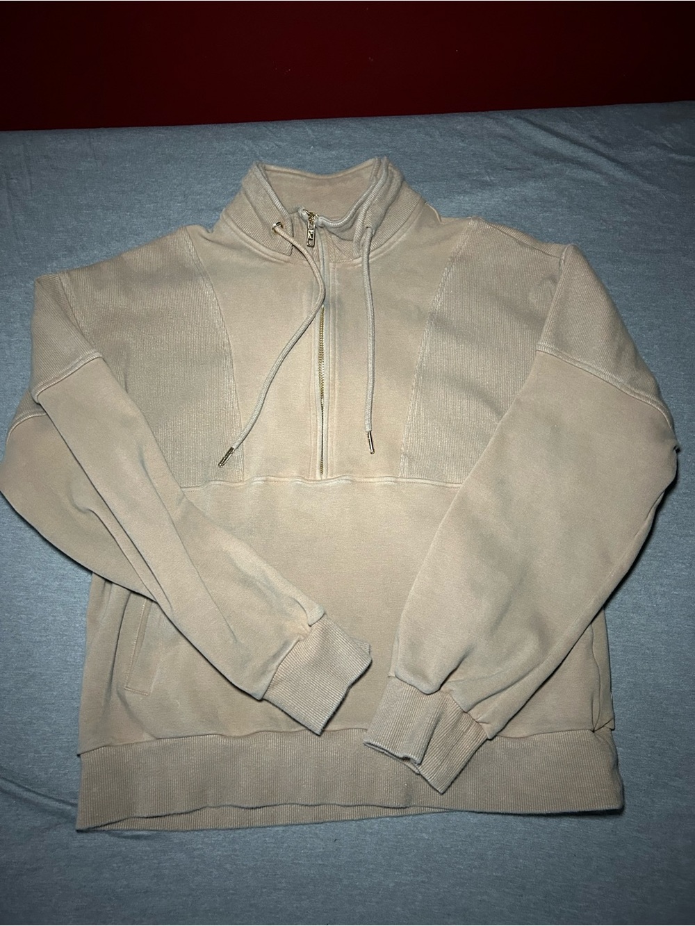 Zyia Cropped Relaxed Half-Zip Pullover Hoodie - Beige